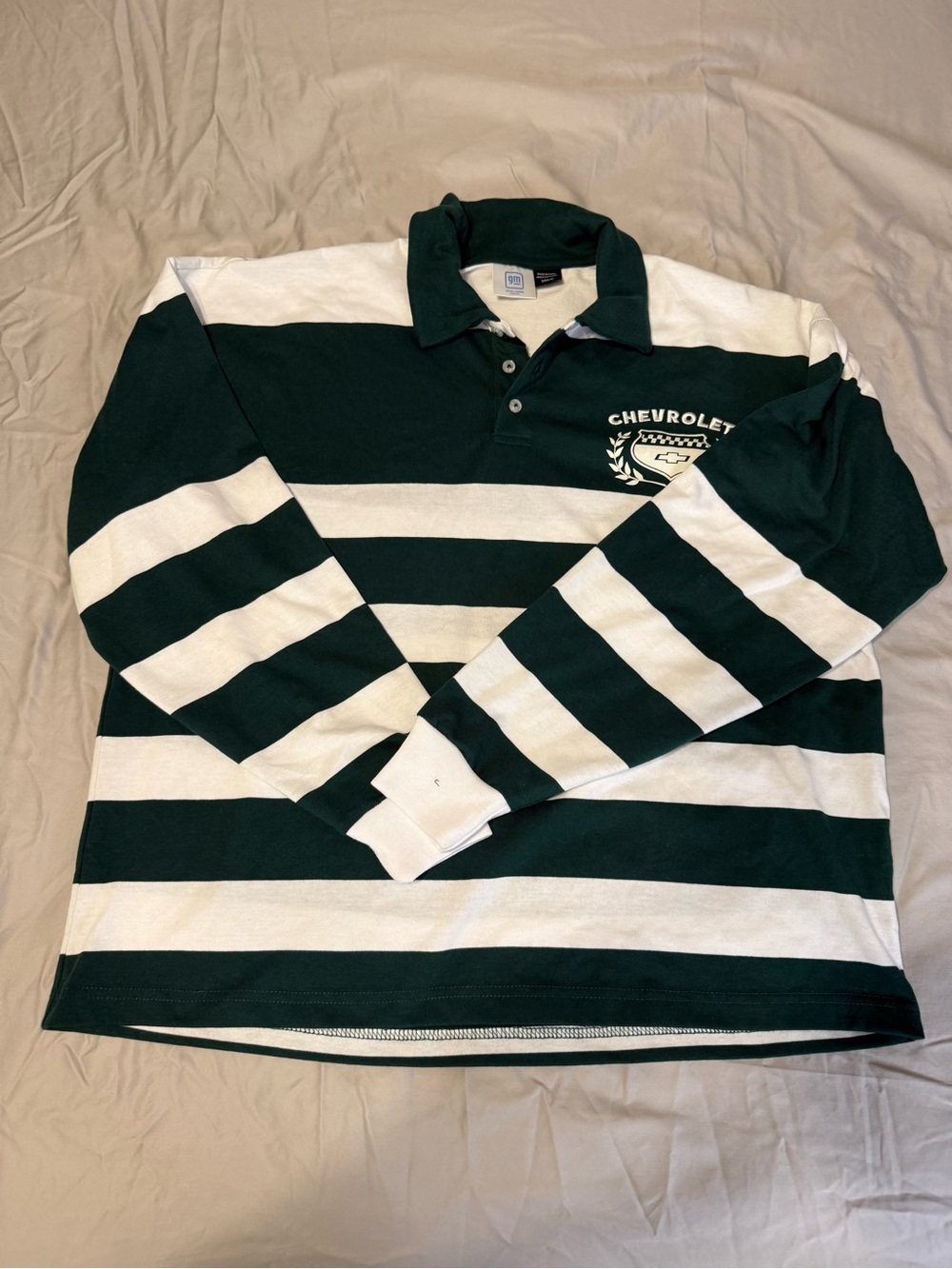 Chevrolet Men's Dark Green & White Striped Rugby Polo